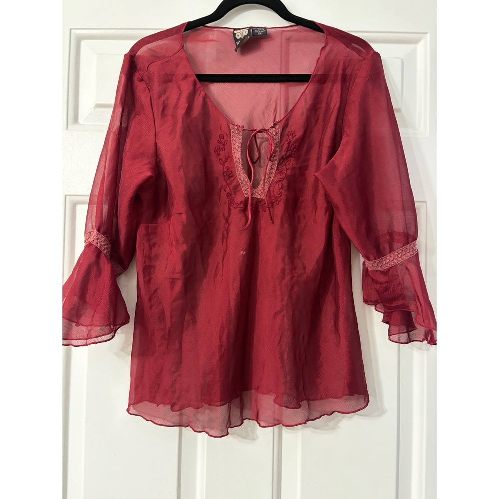 Nancy K | Sheer Embroidered Bell Sleeve Blouse | 2X || Red|